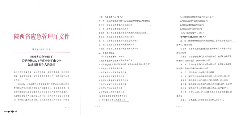 富平公司獲得2024年度“陜西省非煤礦山安全先進(jìn)集體”等殊榮